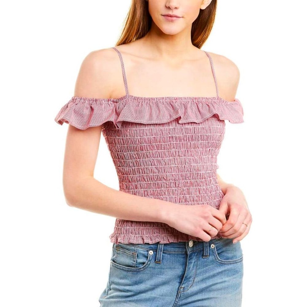 BB DAKOTA Chase Me Micro Gingham Striped Cotton Top Scooter Red